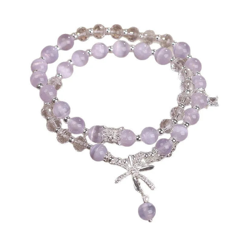 Light purple opal cat's eye crystal double ring bracelet for women with flower design