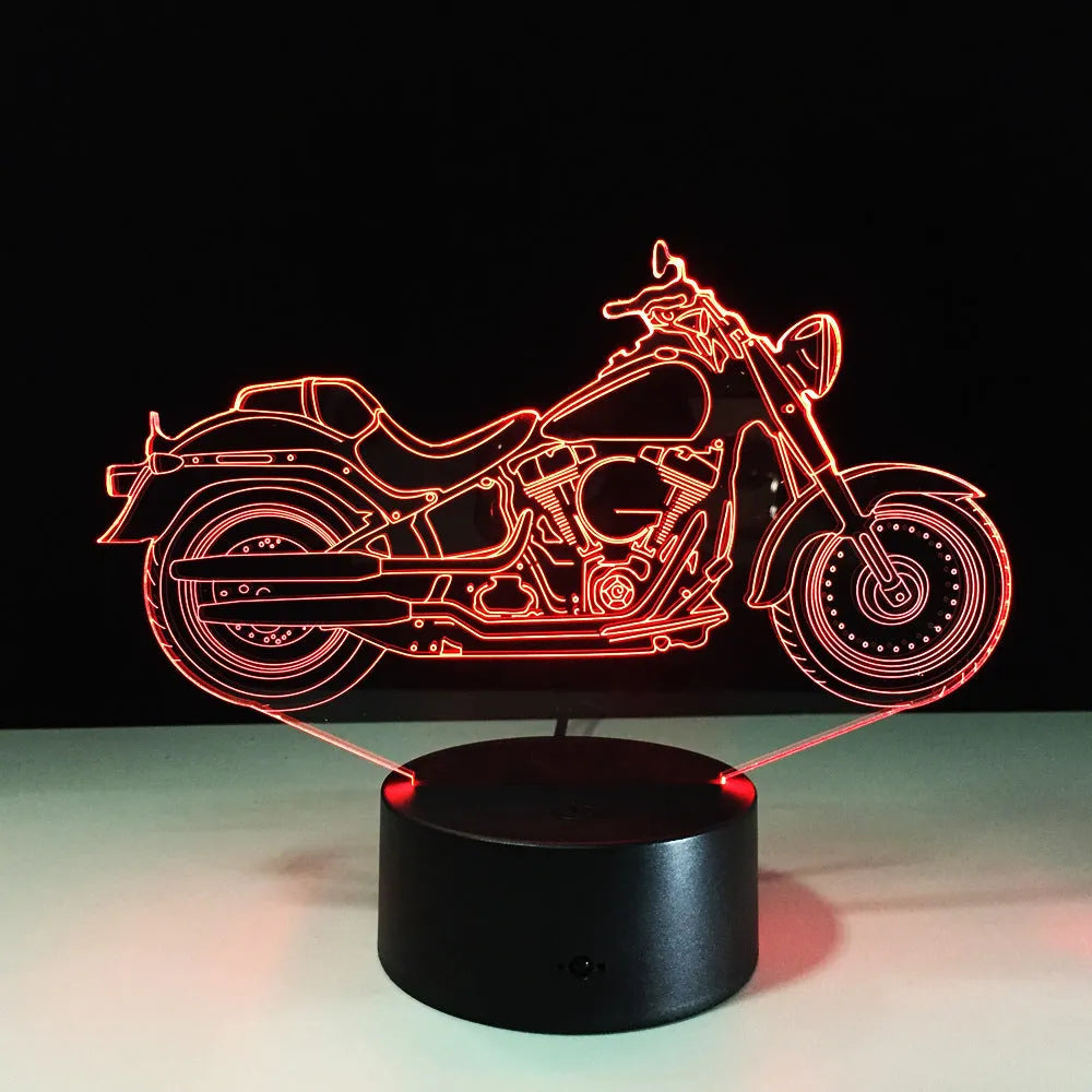 Motorcycle 3D night light showing acrylic silhouette and black ABS base with USB cable