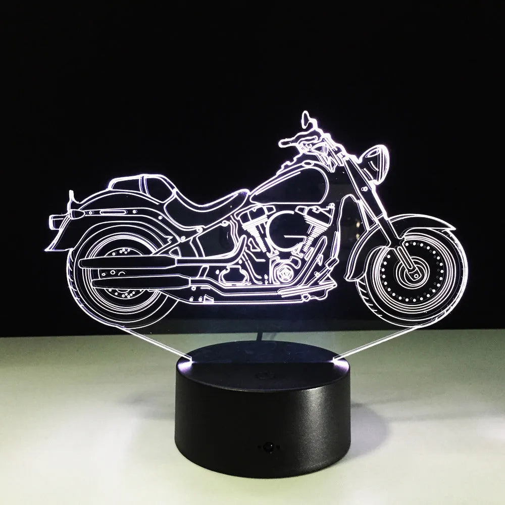 Motorcycle 3D night light showing acrylic silhouette and black ABS base with USB cable