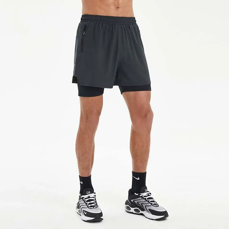 Men's double-layer sports shorts in black colour with mid-waist design for running activities