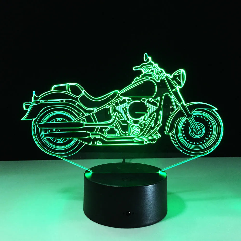 Motorcycle 3D night light showing acrylic silhouette and black ABS base with USB cable