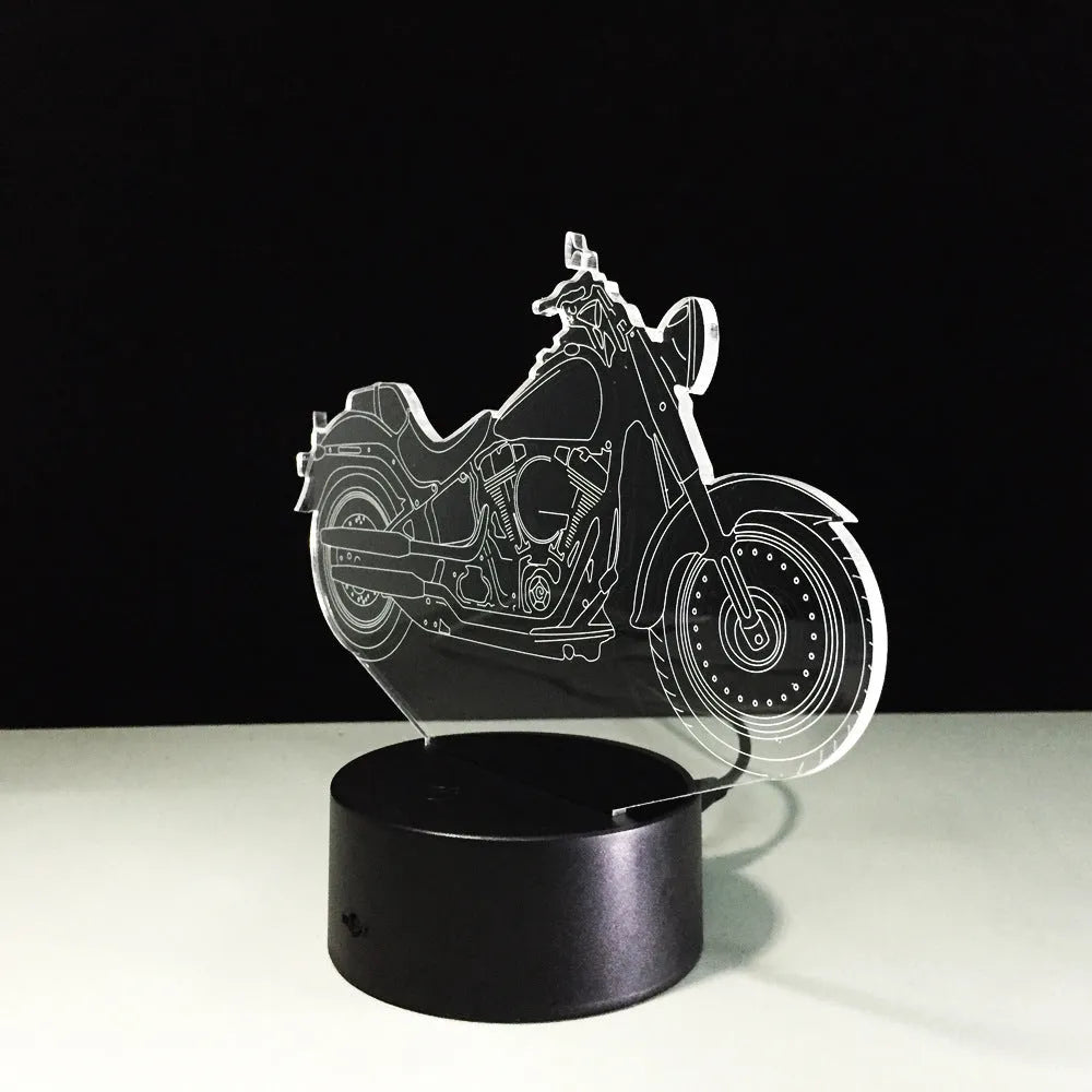 Motorcycle 3D night light showing acrylic silhouette and black ABS base with USB cable