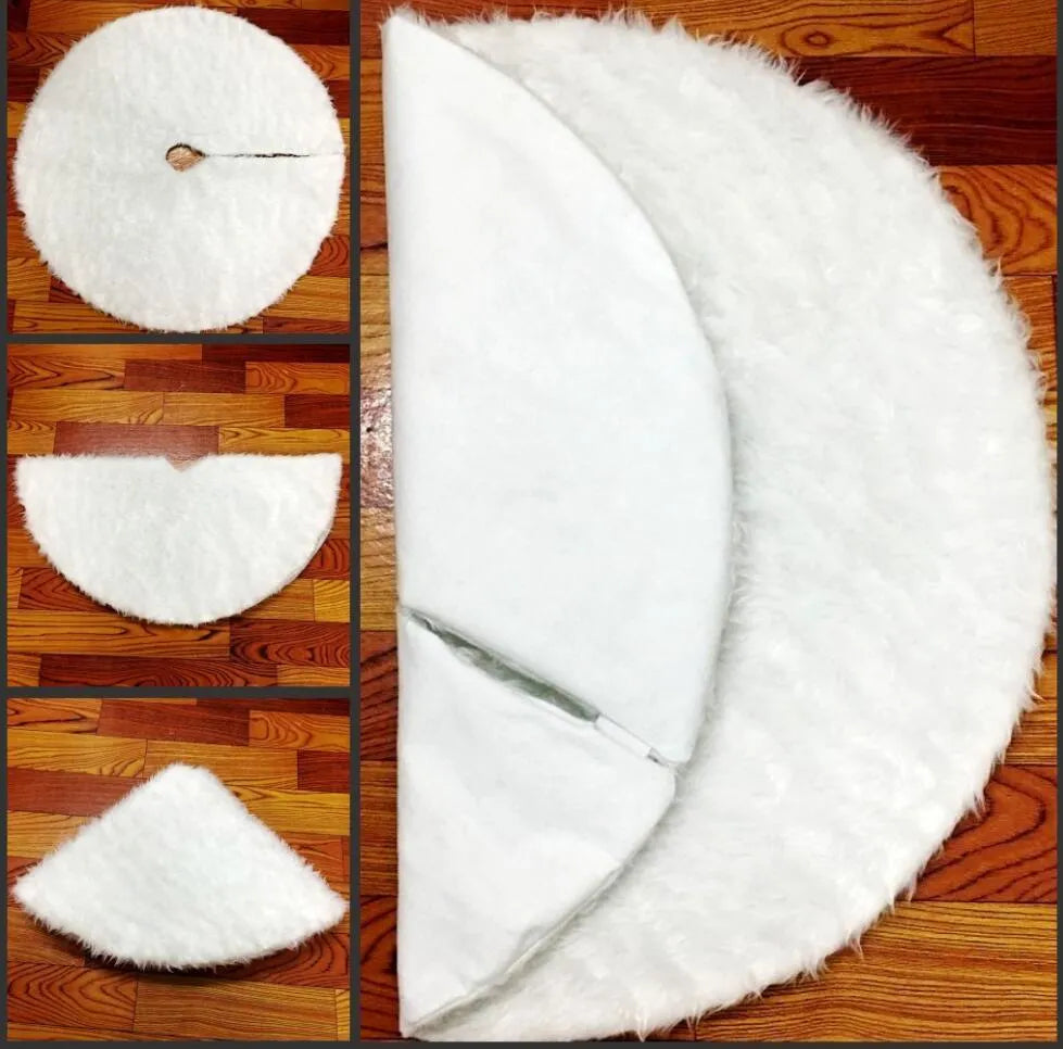 White plush Christmas tree skirt placed around base of decorated Christmas tree, 122cm size