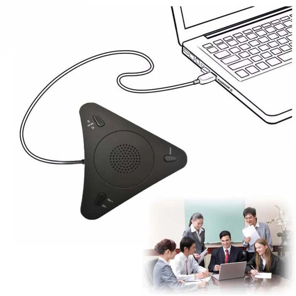 Black omnidirectional USB conference microphone with echo cancellation and noise reduction
