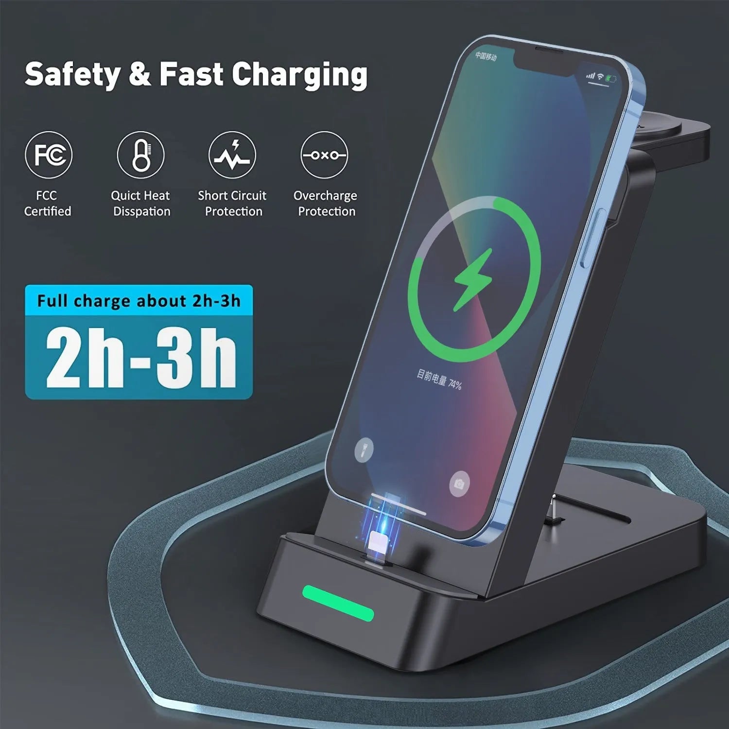 Black three-in-one wireless charging dock holding a phone, AirPods case, and smartwatch.