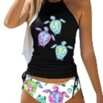 Conservative ladies swimsuit with colourful split design and briefs style for swimming