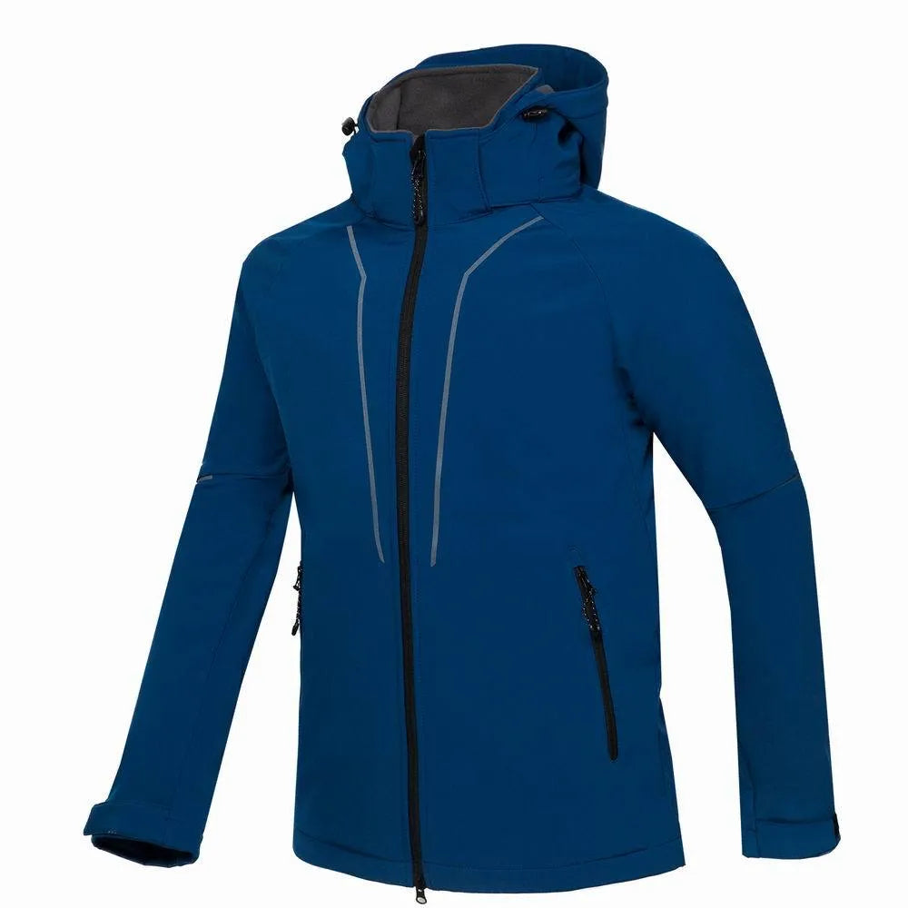 Mountaineering sport jacket in black, blue, and red, made of polyester, with full zip and stand collar
