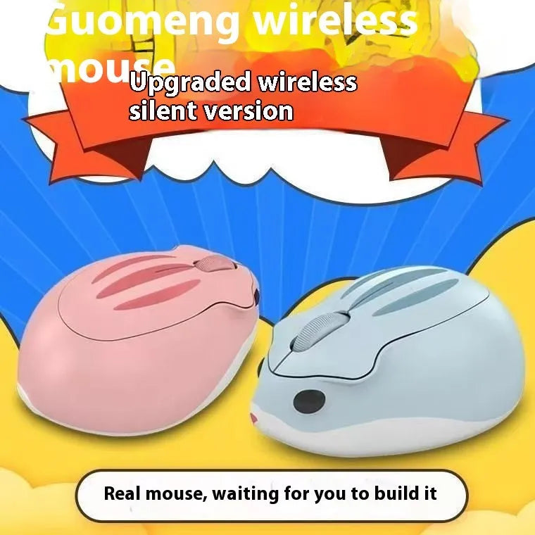 Compact wireless Bluetooth mute mouse shown in grey, pink, and yellow colour options