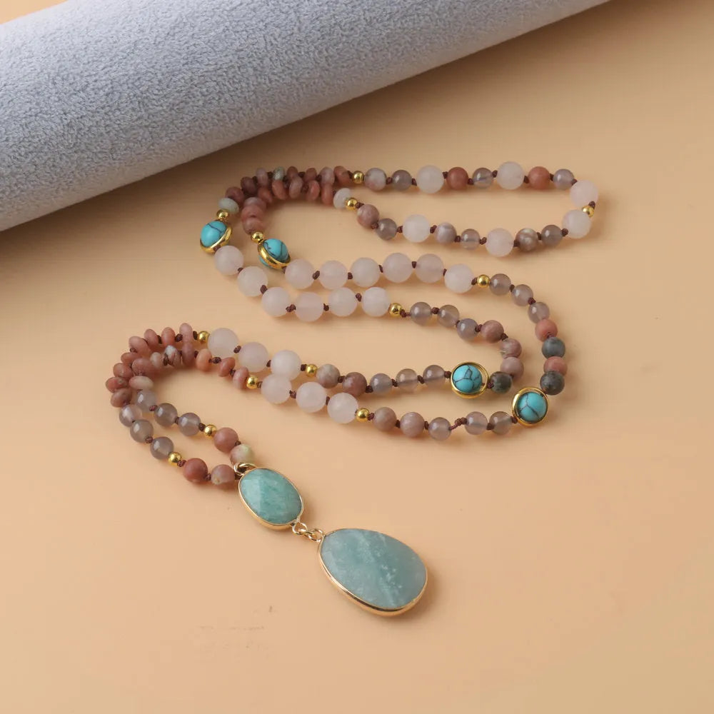 Handmade natural stone beaded necklace with round pendant in green colour option