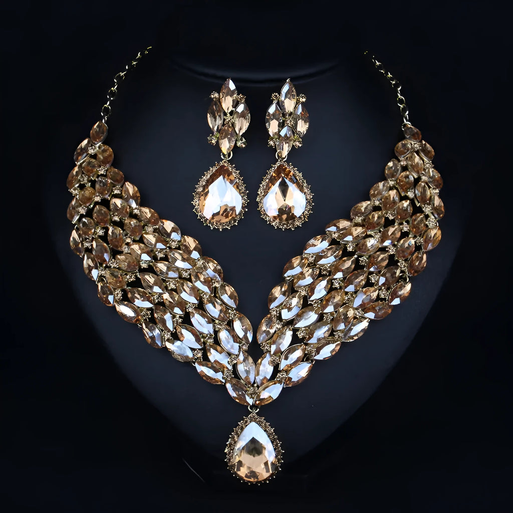 Luxury full drill bridal necklace and clavicle chain set in champagne colour