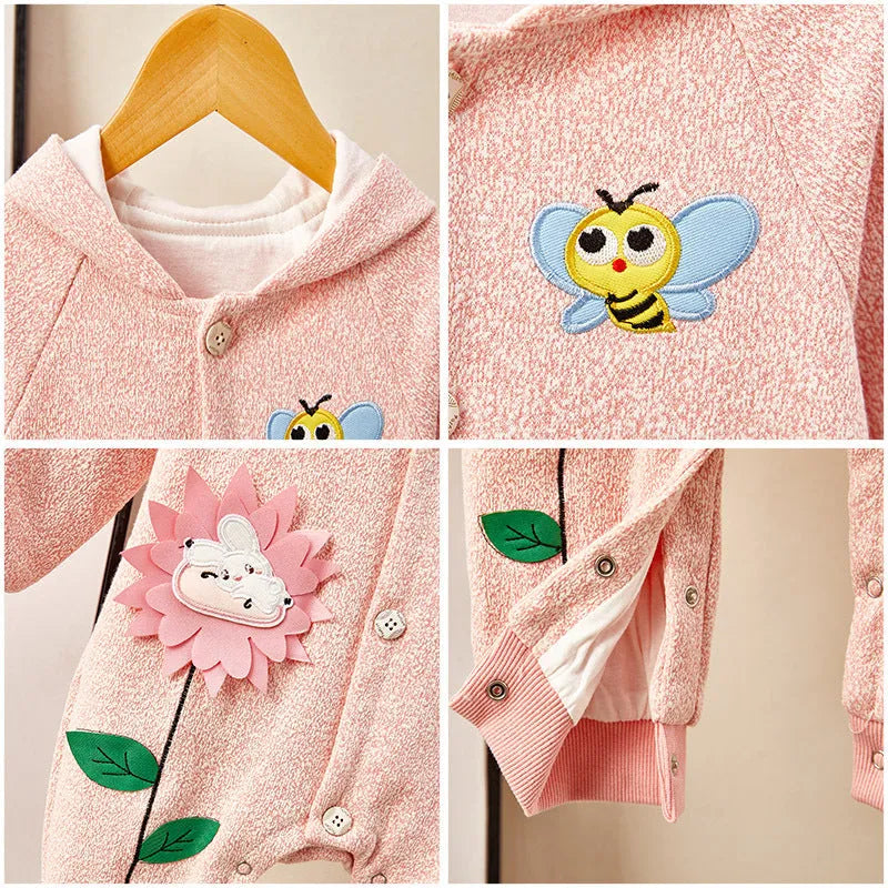 Pink little bee print baby jumpsuit with long sleeves, single-breasted front, on white background