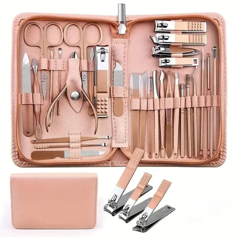 30-piece stainless steel nail beauty tool set in five colour options showing various manicure implements