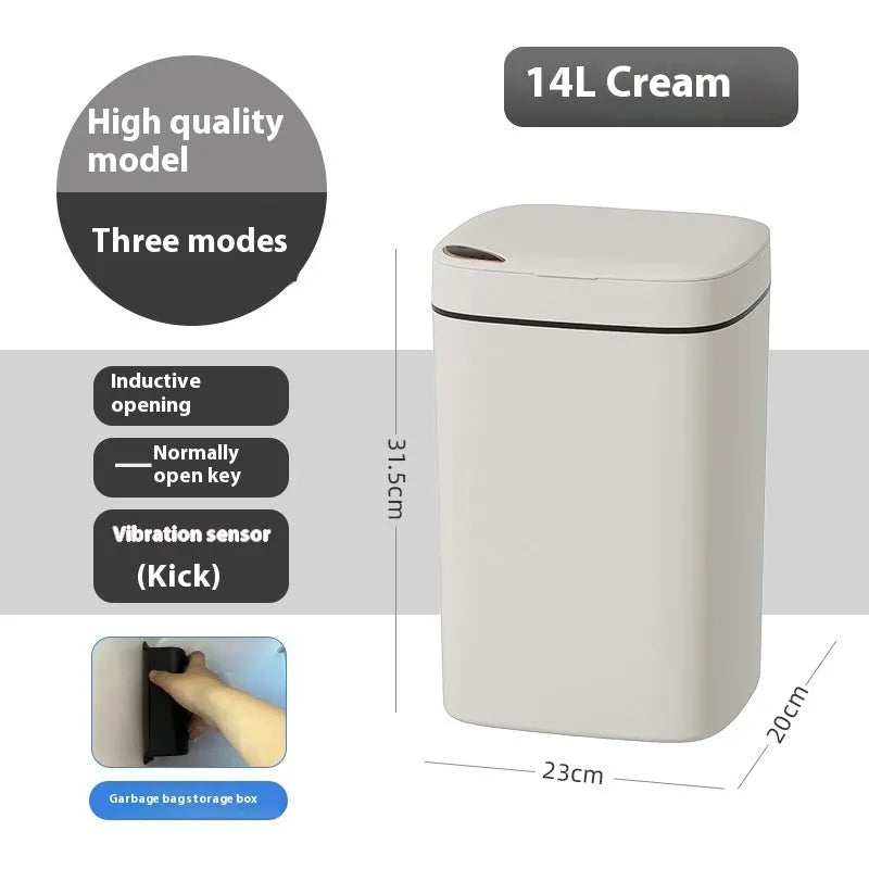 Automatic sensor bin with square white body and open induction lid on a kitchen floor.