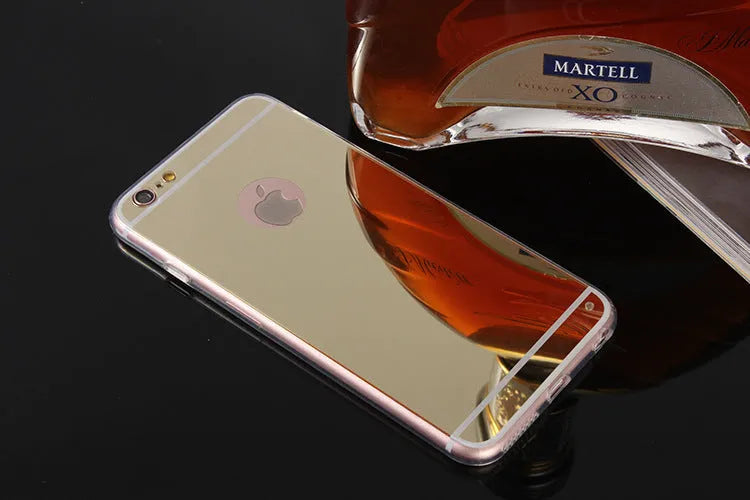 Mirror surface iPhone case with TPU soft shell, shown in Black, Gold, Rose Gold, and Silver, compatible with iPhone 5S, 6, 6 Plus, 7, and 7 Plus.
