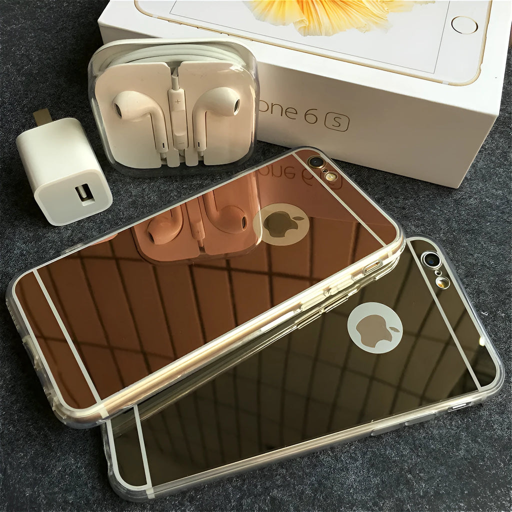 Mirror surface iPhone case with TPU soft shell, shown in Black, Gold, Rose Gold, and Silver, compatible with iPhone 5S, 6, 6 Plus, 7, and 7 Plus.