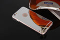 Mirror surface iPhone case with TPU soft shell, shown in Black, Gold, Rose Gold, and Silver, compatible with iPhone 5S, 6, 6 Plus, 7, and 7 Plus.