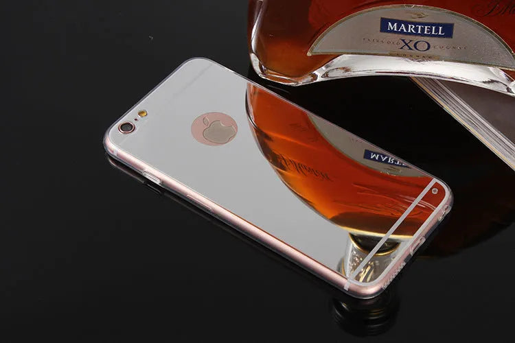 Mirror surface iPhone case with TPU soft shell, shown in Black, Gold, Rose Gold, and Silver, compatible with iPhone 5S, 6, 6 Plus, 7, and 7 Plus.