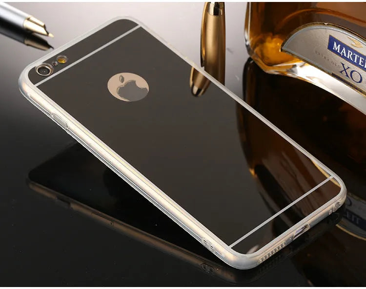 Mirror surface iPhone case with TPU soft shell, shown in Black, Gold, Rose Gold, and Silver, compatible with iPhone 5S, 6, 6 Plus, 7, and 7 Plus.