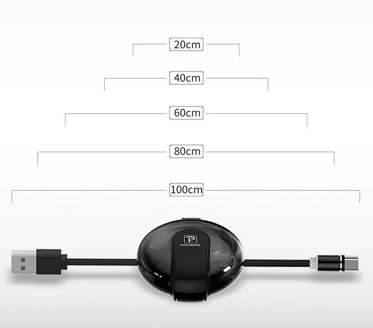 Black magnetic 3-in-1 car phone charger with retractable cable and vehicle mounting patch