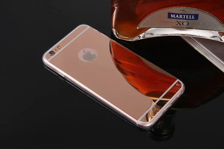 Mirror surface iPhone case with TPU soft shell, shown in Black, Gold, Rose Gold, and Silver, compatible with iPhone 5S, 6, 6 Plus, 7, and 7 Plus.