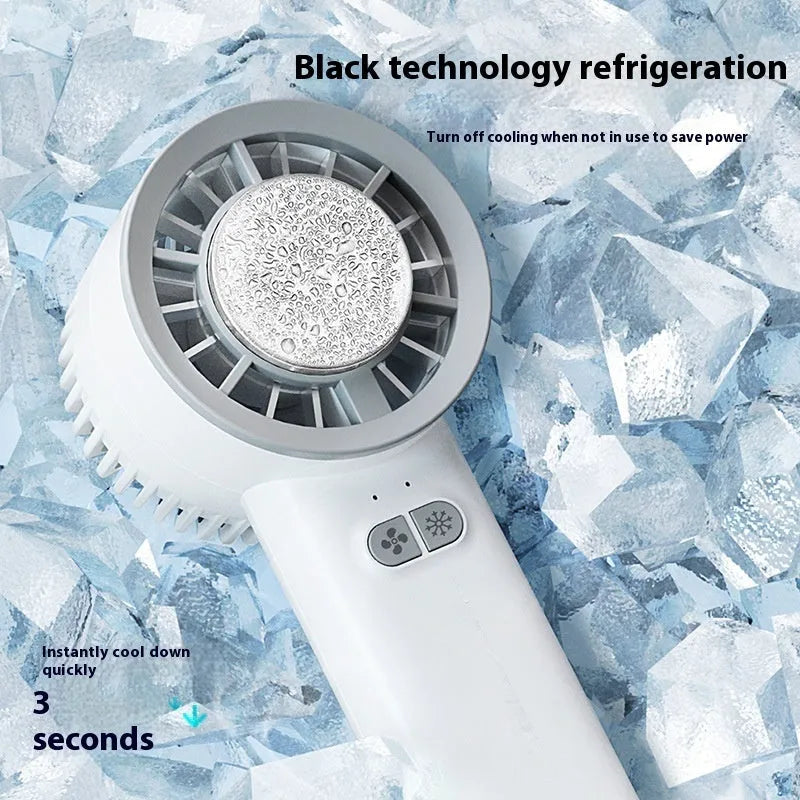 Handheld turbo jet fan in white or light blue colour with compact portable design for personal cooling