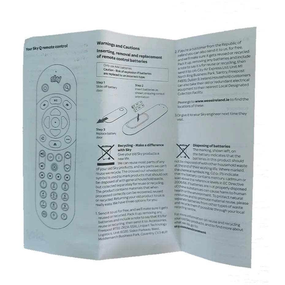 Black ABS universal replacement remote controller for Sky Q TV box, 175mm length