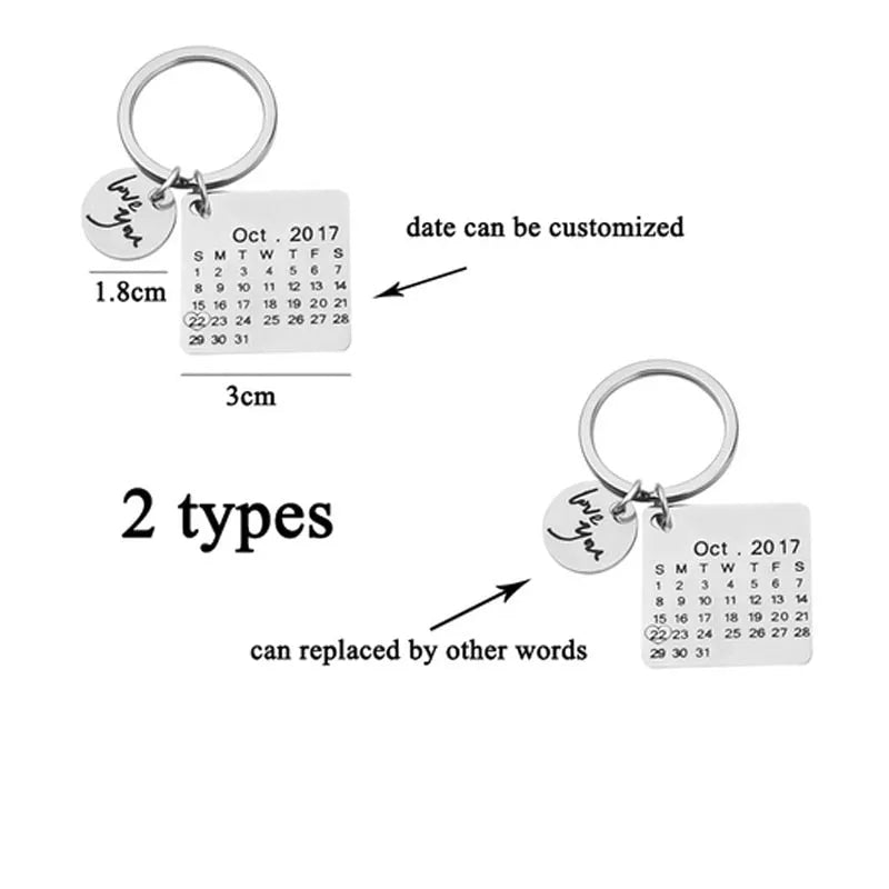 Custom engraved stainless steel calendar keychain with date, gold plating, 30x30mm, on a white background