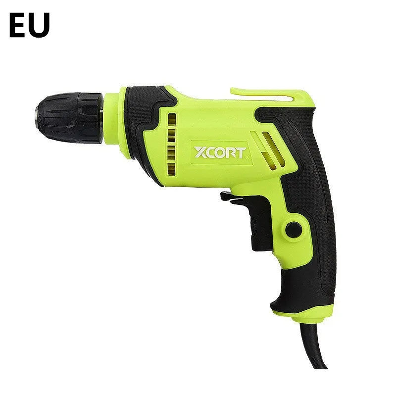 A black pistol-grip electric drill with a 10mm chuck, shown on a workbench.