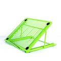 Silver adjustable laptop stand with six tilt angles, shown holding a tablet in horizontal orientation.