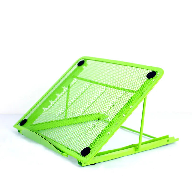 Silver adjustable laptop stand with six tilt angles, shown holding a tablet in horizontal orientation.