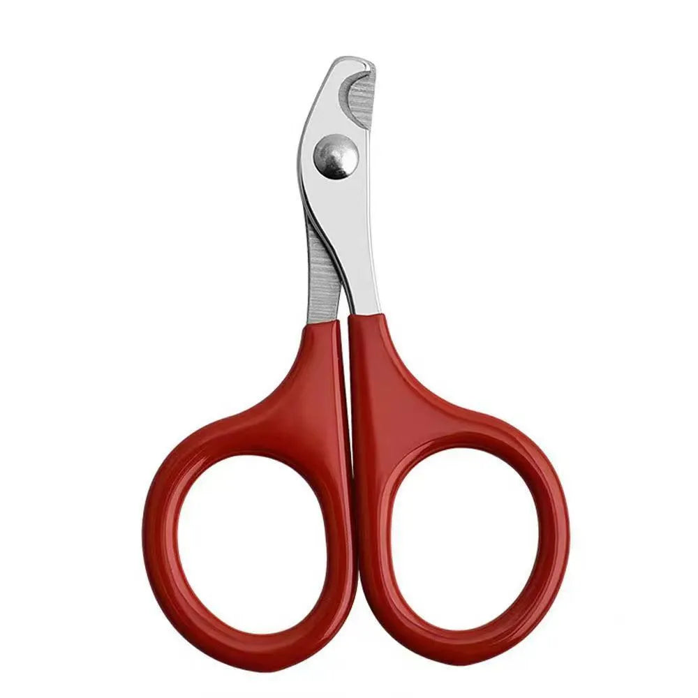 Stainless steel pet nail clippers with coloured plastic and rubber handle for dog and cat grooming