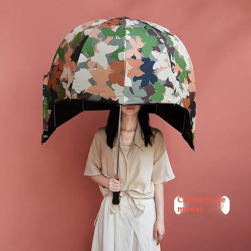 Long-handled helmet umbrella open showing 76cm diameter canopy in a vinyl-laminated fabric design.