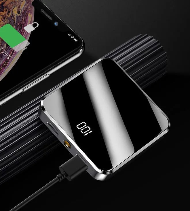 Mini compact full mirror power bank 20000mAh dual USB portable charger in cool black finish