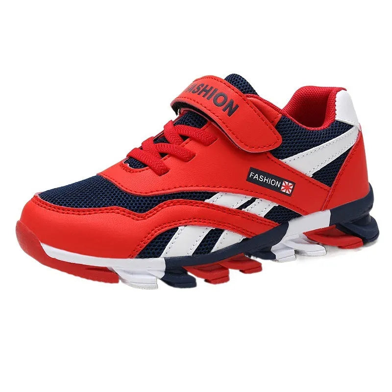 Children's grey Velcro running shoes with synthetic leather upper and rubber sole.