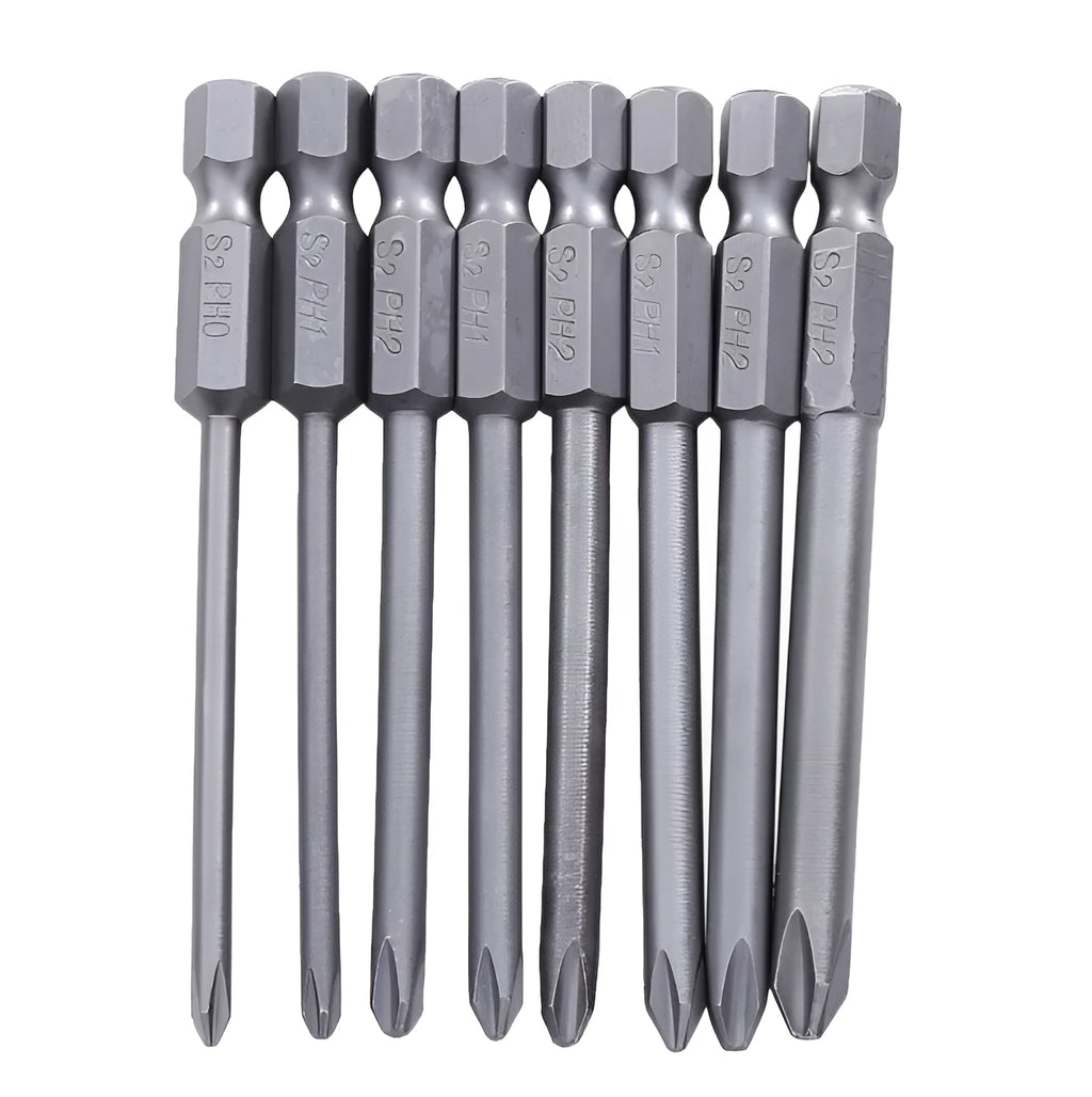 Set of eight long silver magnetic Phillips screwdriver bits with hex shanks on a white background.