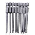 Set of eight long silver magnetic Phillips screwdriver bits with hex shanks on a white background.