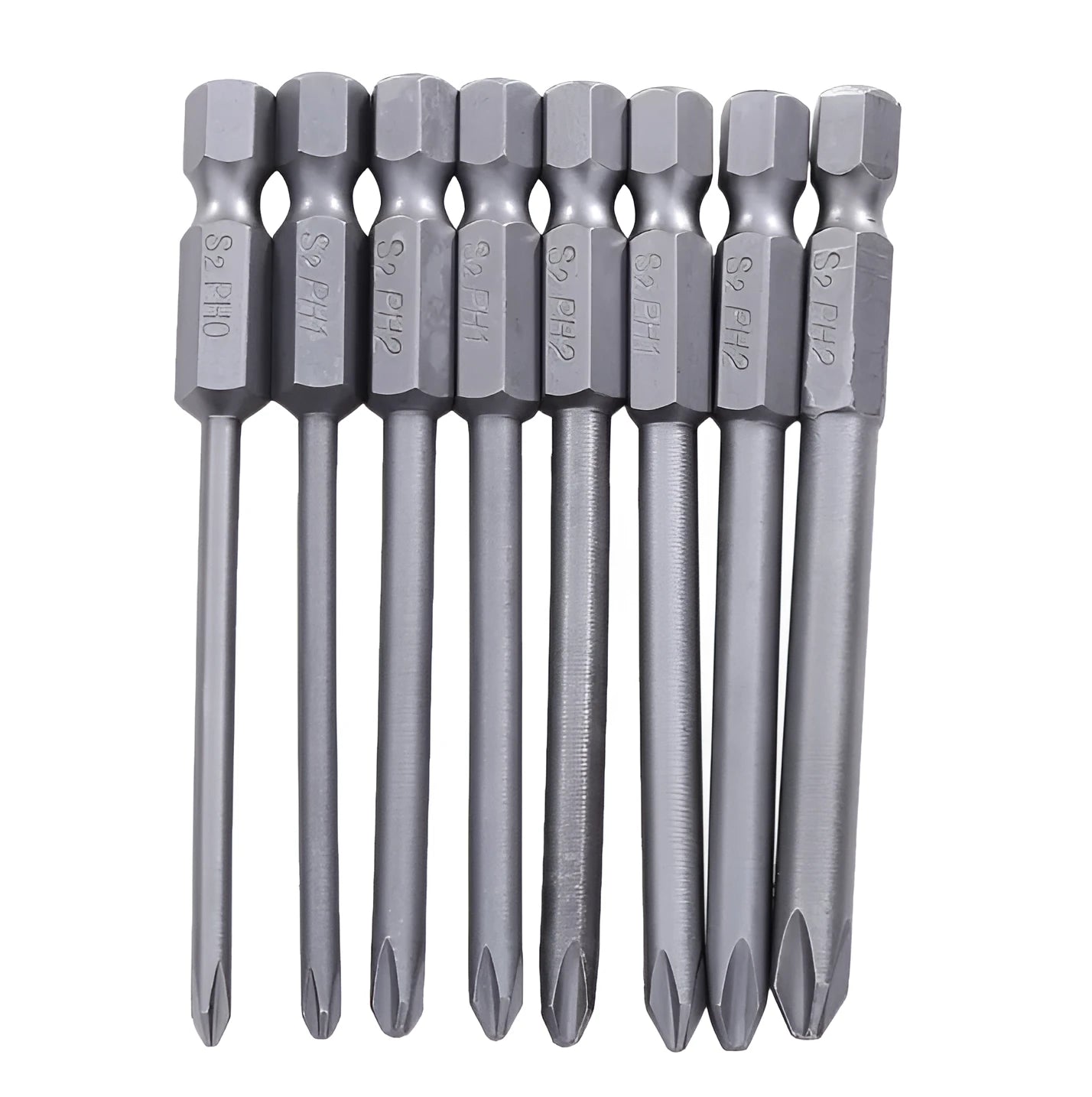 Set of eight long silver magnetic Phillips screwdriver bits with hex shanks on a white background.