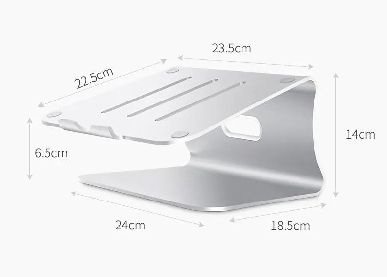 Silver aluminium laptop cooling stand with striped texture and 360-degree rotating base on a wooden desk.