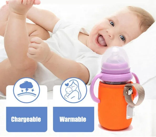 USB heated baby bottle warmer sleeve in blue, wrapped around a milk bottle showing its cotton and PC construction.