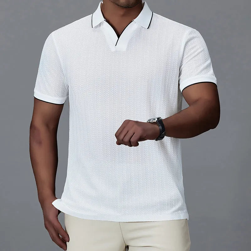 Men's light grey nylon polo shirt with short sleeves on hanger