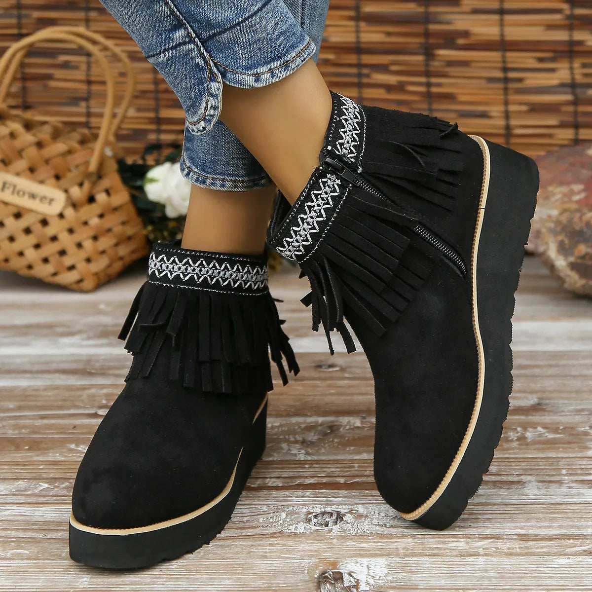 Women's suede wedge ankle boots in dark brown with a side zipper and thick rubber sole.