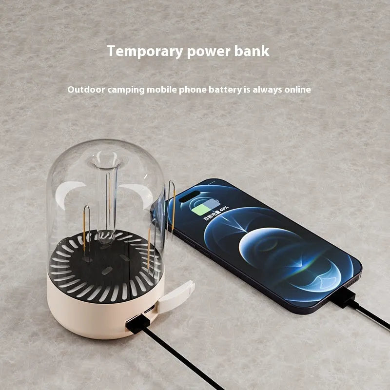 Beige and black camping ambience light with knob control, USB port, and dual lamp beads