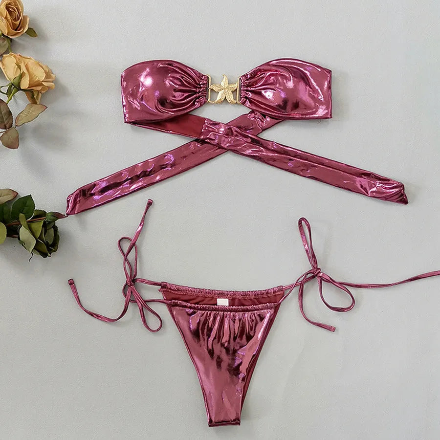 Glossy gold starfish print tube top split bikini for women in sapphire blue.