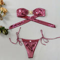 Glossy gold starfish print tube top split bikini for women in sapphire blue.