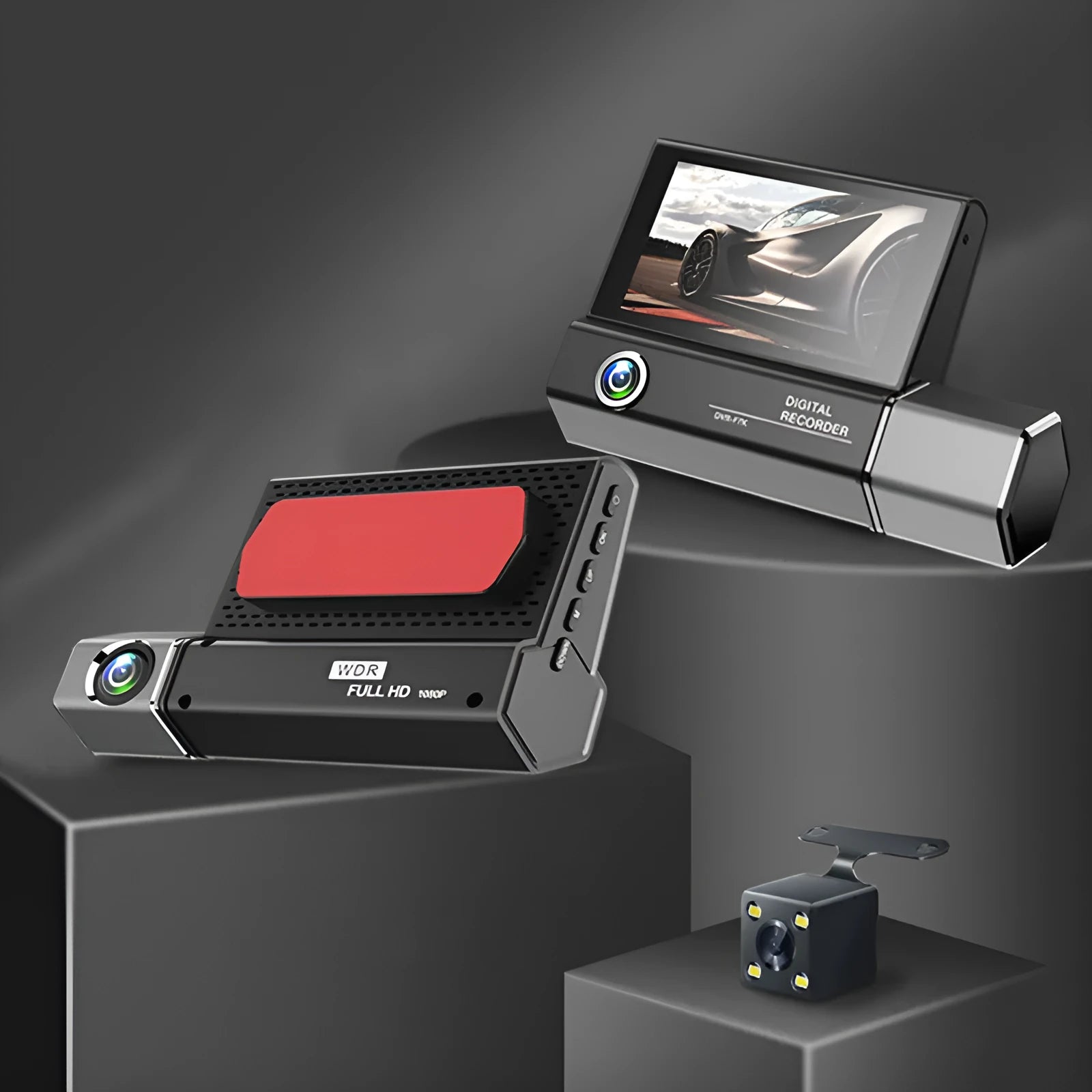 Black triple-lens car dash camera with touch screen and wide-angle recording