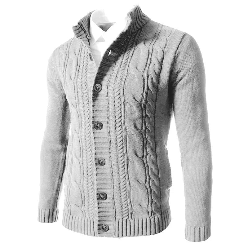 Men's stand collar acrylic knit button cardigan in black, long sleeves, ribbed hem, winter casual wear