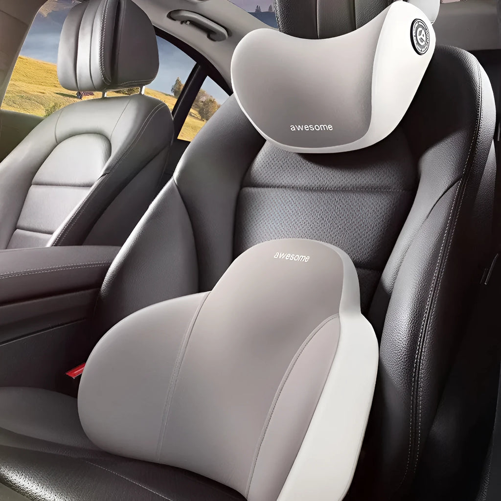 Automotive headrest and lumbar support pillow set with memory foam and cotton cover in aircraft upgrade colours
