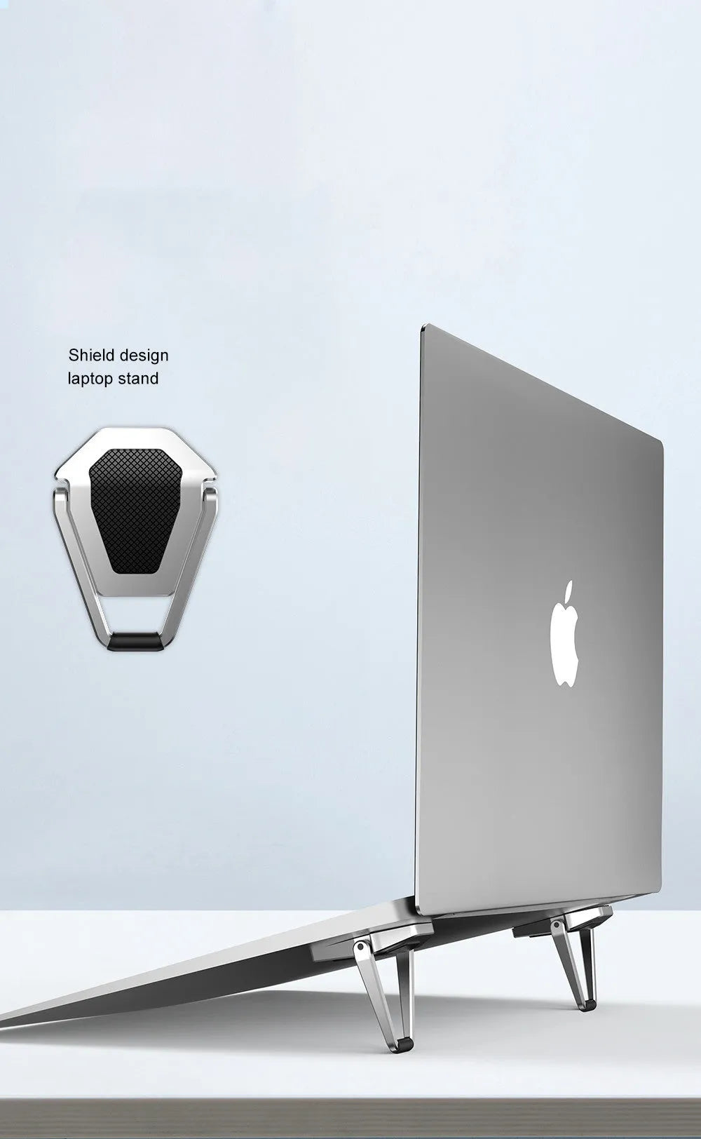Two black and silver zinc alloy metal foldable tablet computer cooling brackets on a desk, 4.8cm size