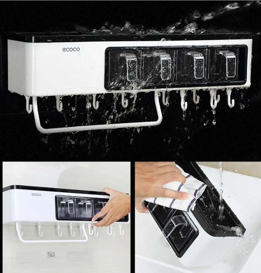 White plastic multi-function wall-mounted kitchen storage rack holding utensils and seasoning bottles