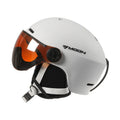 Moon ski helmet with retractable sun visor, polycarbonate shell, EPS coating, cotton lining, ear protector, and adjustable dial.
